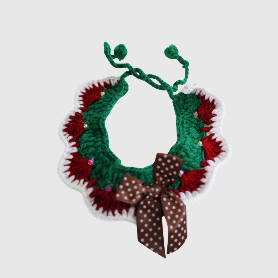 Handmade Knitted Pet Collar - Holly Jolly Bow